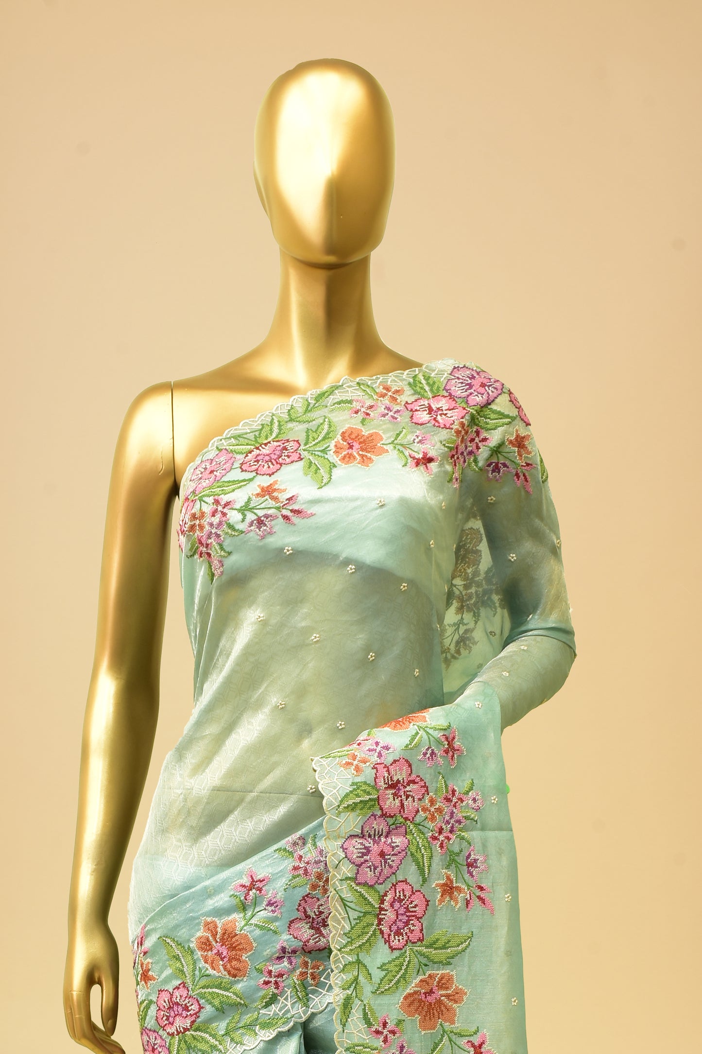 Tissue Tanchoi Embroidery Saree