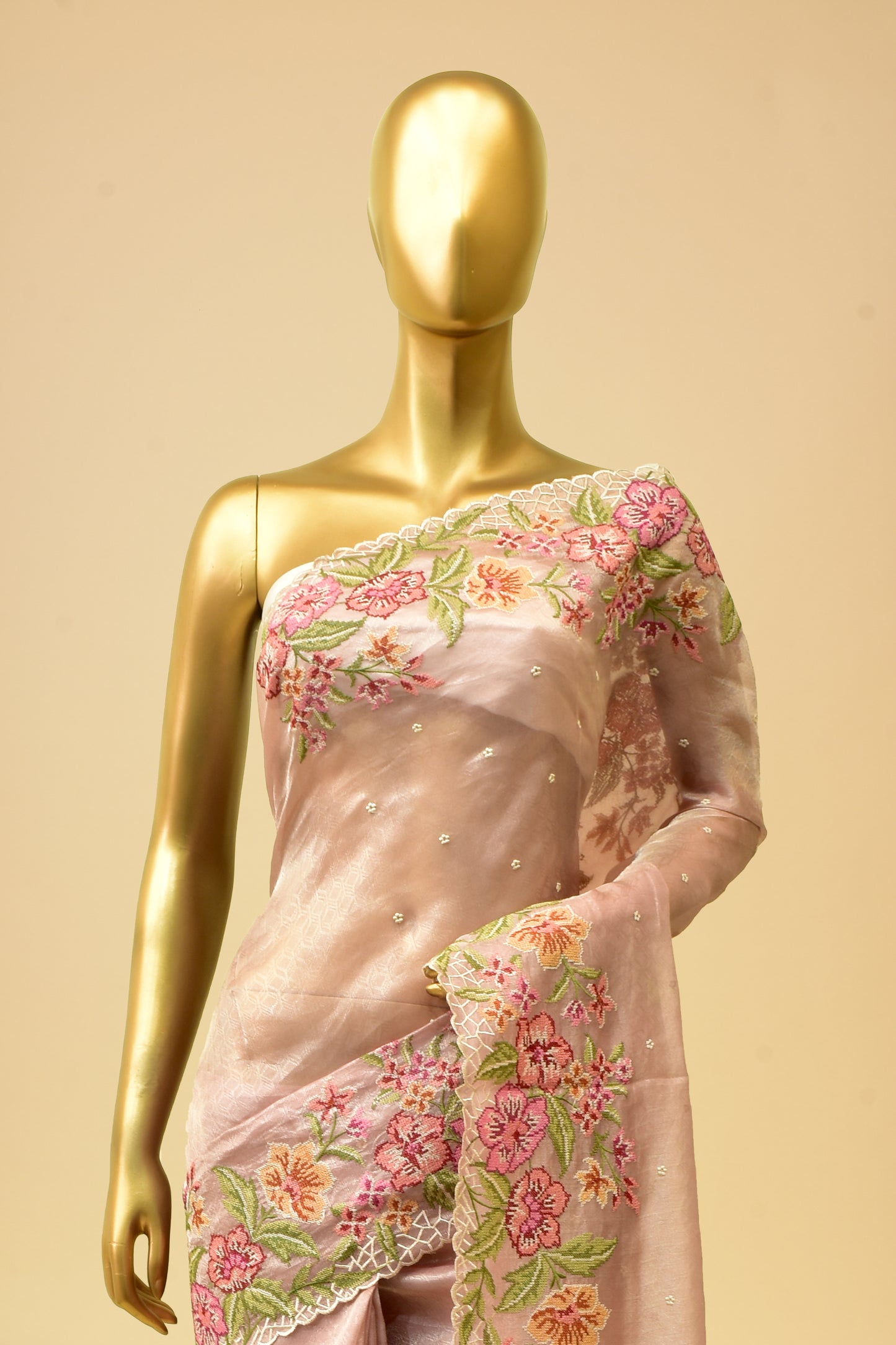 Tissue Tanchoi Embroidery Saree