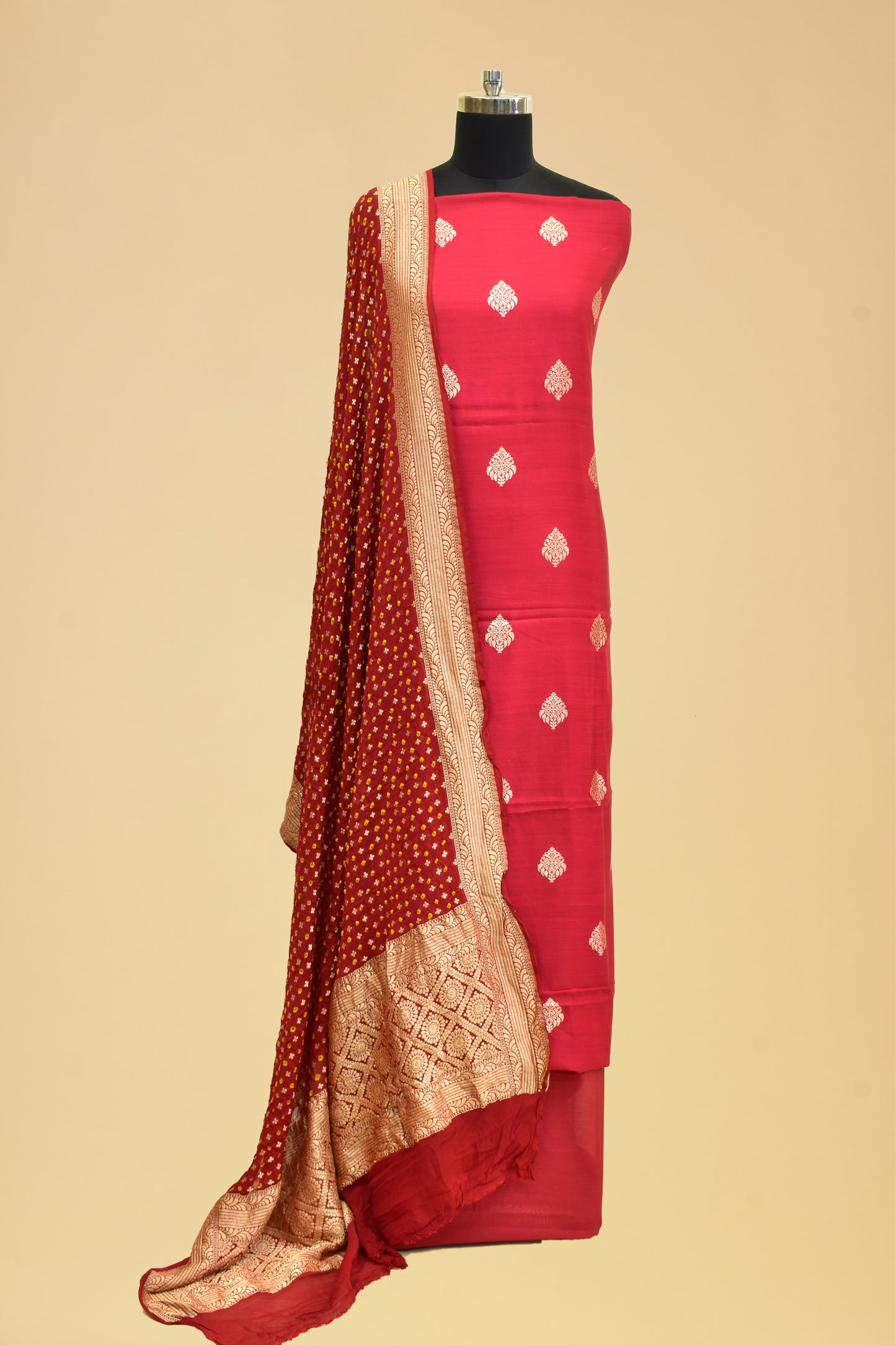 Handwoven Silk Kadwa Booti Suit