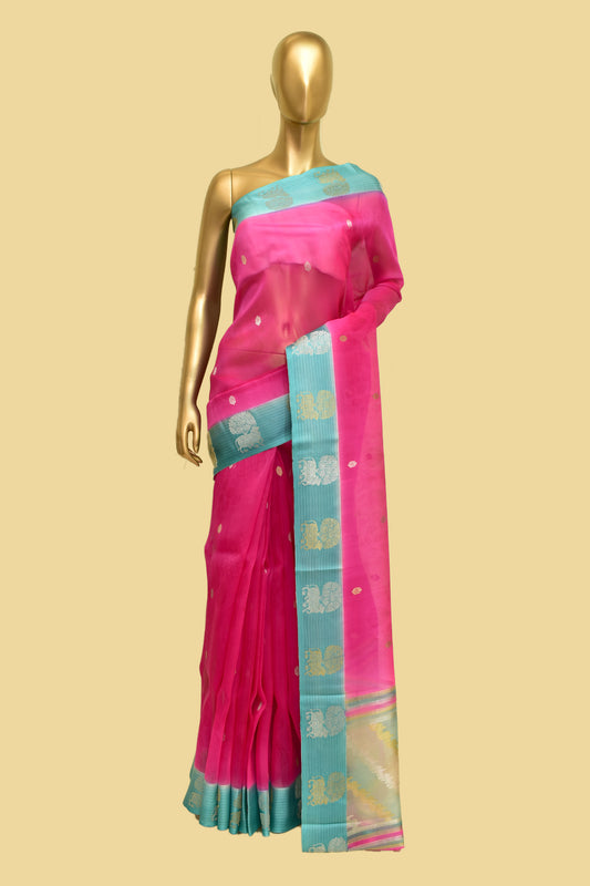 Handwoven Kora Kadwa Booti Saree